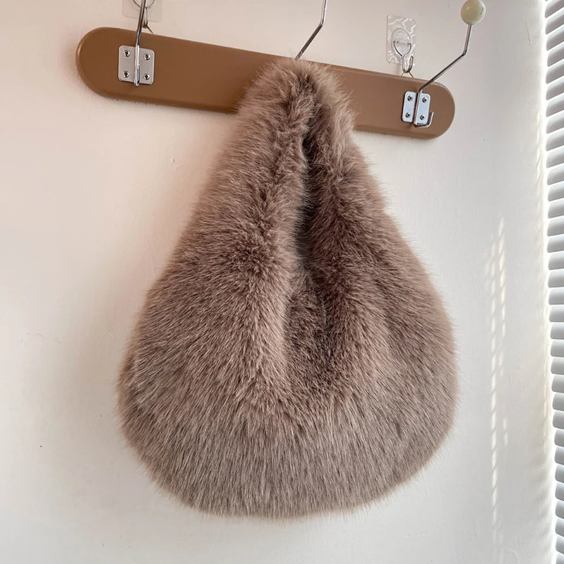 Winter Shoulder Bags Casual Furry for Women Solid Color Soft Plush Ladies Clutch Purse Handbags Lightweight Female Hobos Bag