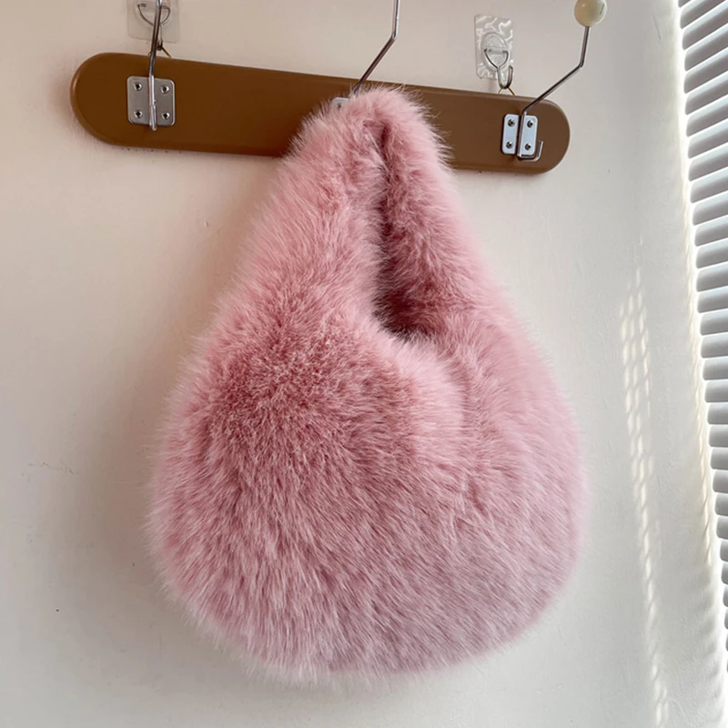 Winter Shoulder Bags Casual Furry for Women Solid Color Soft Plush Ladies Clutch Purse Handbags Lightweight Female Hobos Bag