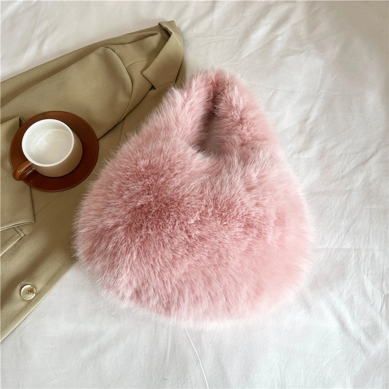 Winter Shoulder Bags Casual Furry for Women Solid Color Soft Plush Ladies Clutch Purse Handbags Lightweight Female Hobos Bag