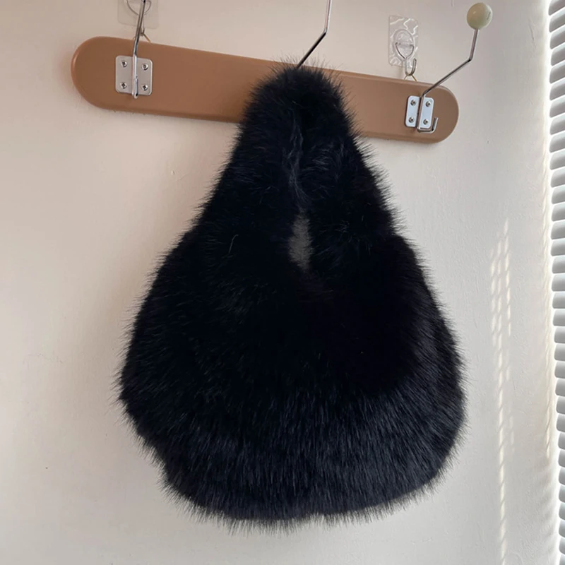 Winter Shoulder Bags Casual Furry for Women Solid Color Soft Plush Ladies Clutch Purse Handbags Lightweight Female Hobos Bag