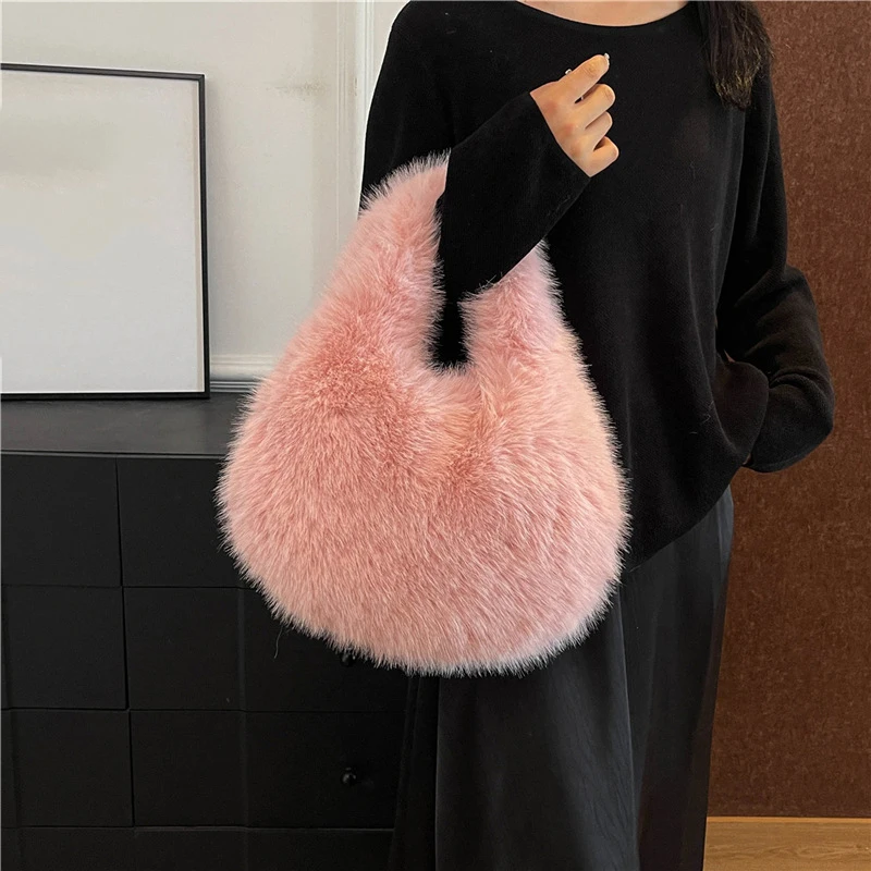 Winter Shoulder Bags Casual Furry for Women Solid Color Soft Plush Ladies Clutch Purse Handbags Lightweight Female Hobos Bag