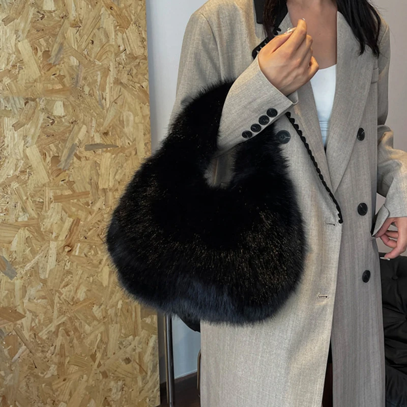 Winter Shoulder Bags Casual Furry for Women Solid Color Soft Plush Ladies Clutch Purse Handbags Lightweight Female Hobos Bag