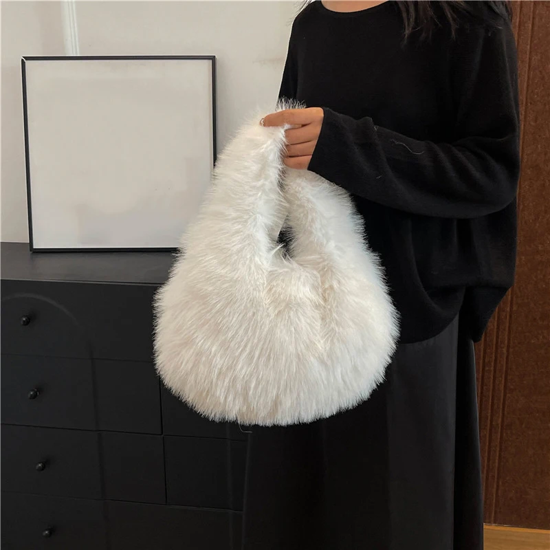 Winter Shoulder Bags Casual Furry for Women Solid Color Soft Plush Ladies Clutch Purse Handbags Lightweight Female Hobos Bag