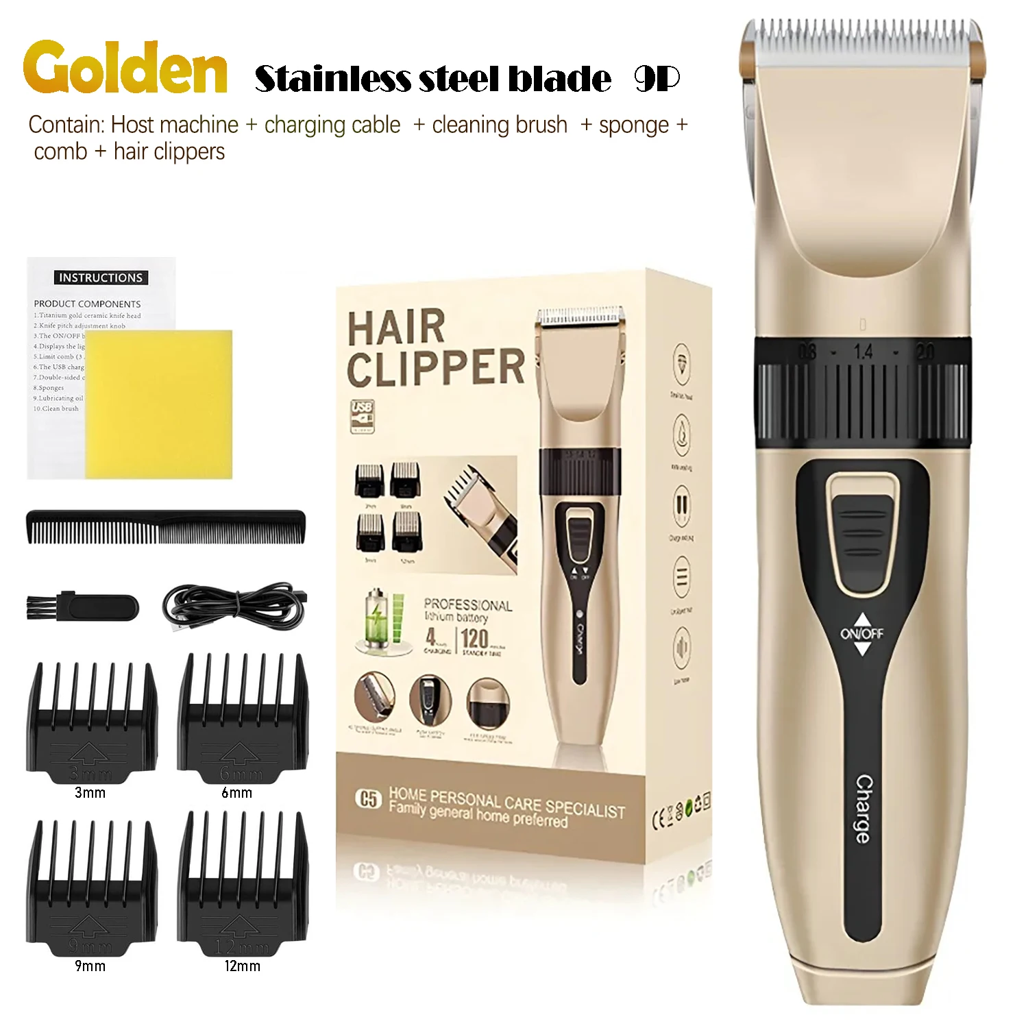 Professional Electric Hair Clipper Set, Low-Noise Long-Lasting Hair Trimmer, USB Rechargeable Grooming Kit for Home Use