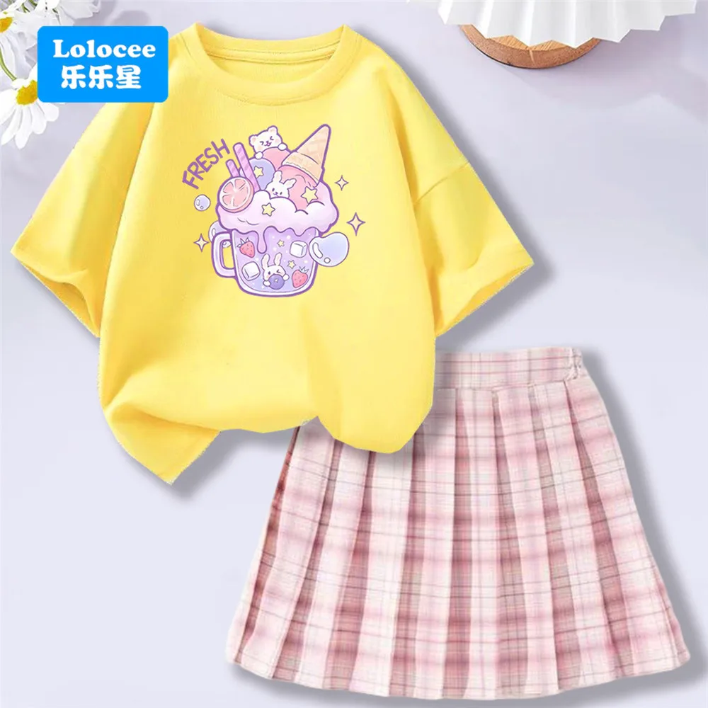 Lolocee Summer Girls' 2 Piece Set,Short Sleeve Fresh Drink & Bunny Print Top + Pink Plaid Skirt Outfit,Trendy Children's Fashion