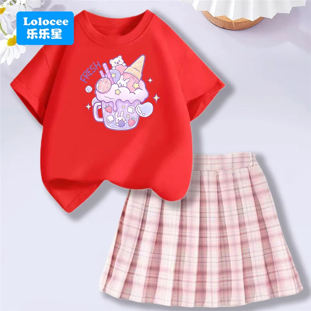 Lolocee Summer Girls' 2 Piece Set,Short Sleeve Fresh Drink & Bunny Print Top + Pink Plaid Skirt Outfit,Trendy Children's Fashion