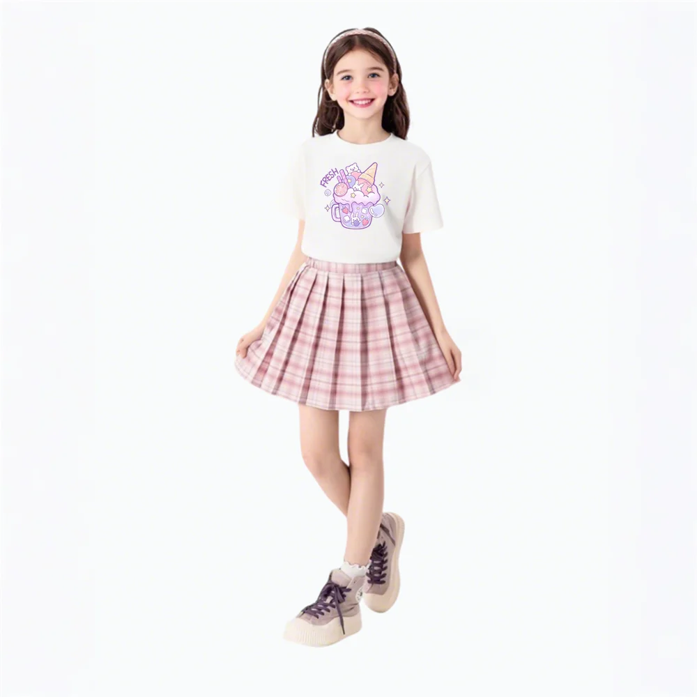 Lolocee Summer Girls' 2 Piece Set,Short Sleeve Fresh Drink & Bunny Print Top + Pink Plaid Skirt Outfit,Trendy Children's Fashion