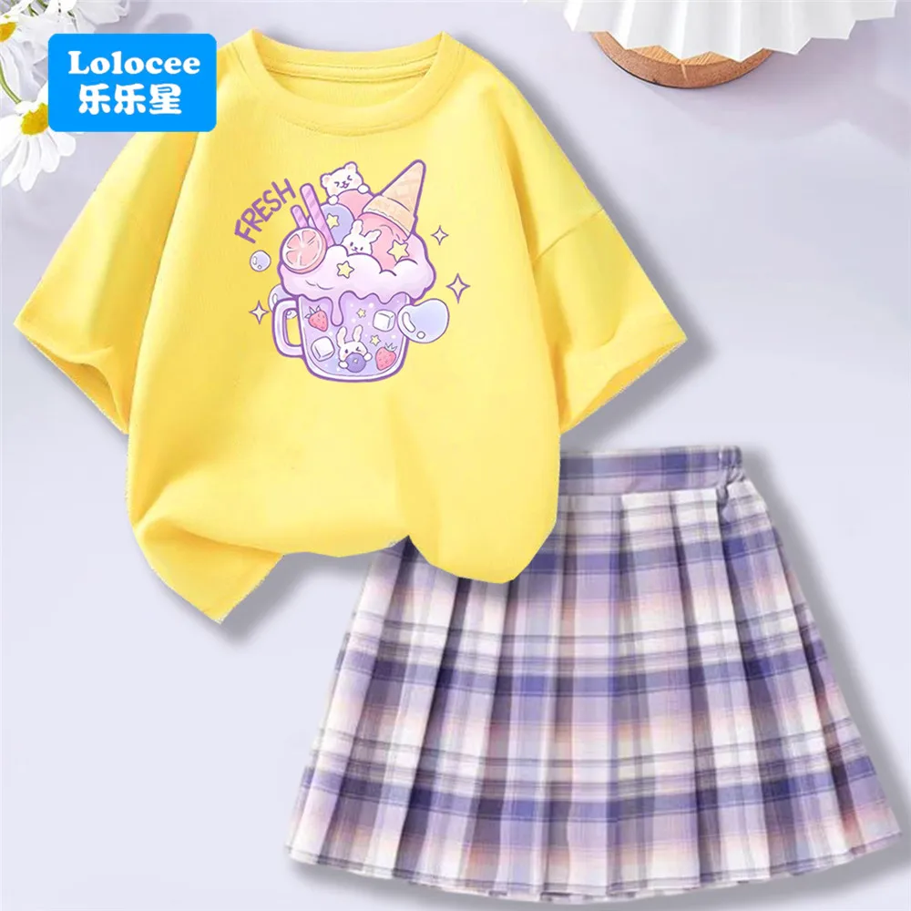 Lolocee Summer Girls' 2 Piece Set,Short Sleeve Fresh Drink & Bunny Print Top + Pink Plaid Skirt Outfit,Trendy Children's Fashion