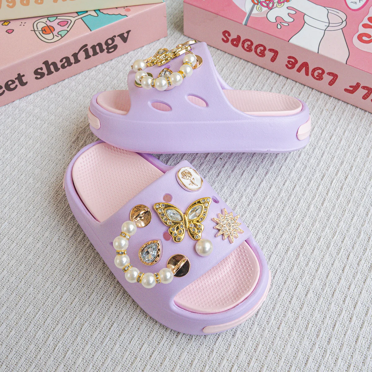 New Popular Cartoon Pearl Gold Butterfly Versatile Girls' Eva Slippers Fashionable Dual-Color Soft-Soled Non-Slip Sandals 831