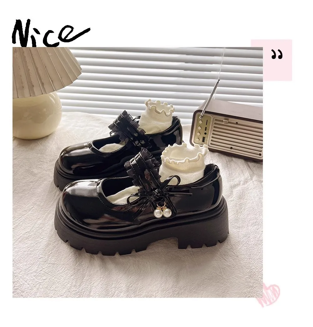 Bright Skin Girls Black School Shoes Princess PU Leather Soft Kids Flats Mary Janes for Wedding Party with Pearl Pendant Sweet