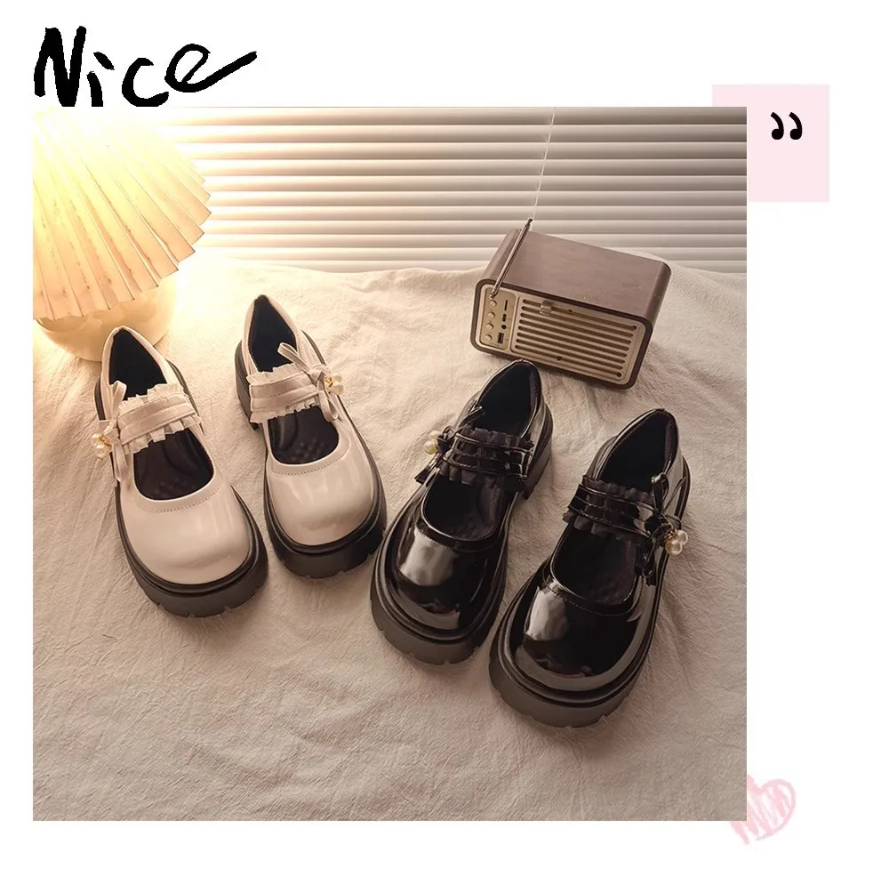 Bright Skin Girls Black School Shoes Princess PU Leather Soft Kids Flats Mary Janes for Wedding Party with Pearl Pendant Sweet