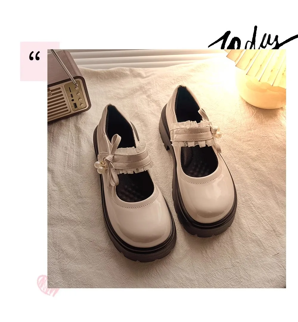 Bright Skin Girls Black School Shoes Princess PU Leather Soft Kids Flats Mary Janes for Wedding Party with Pearl Pendant Sweet