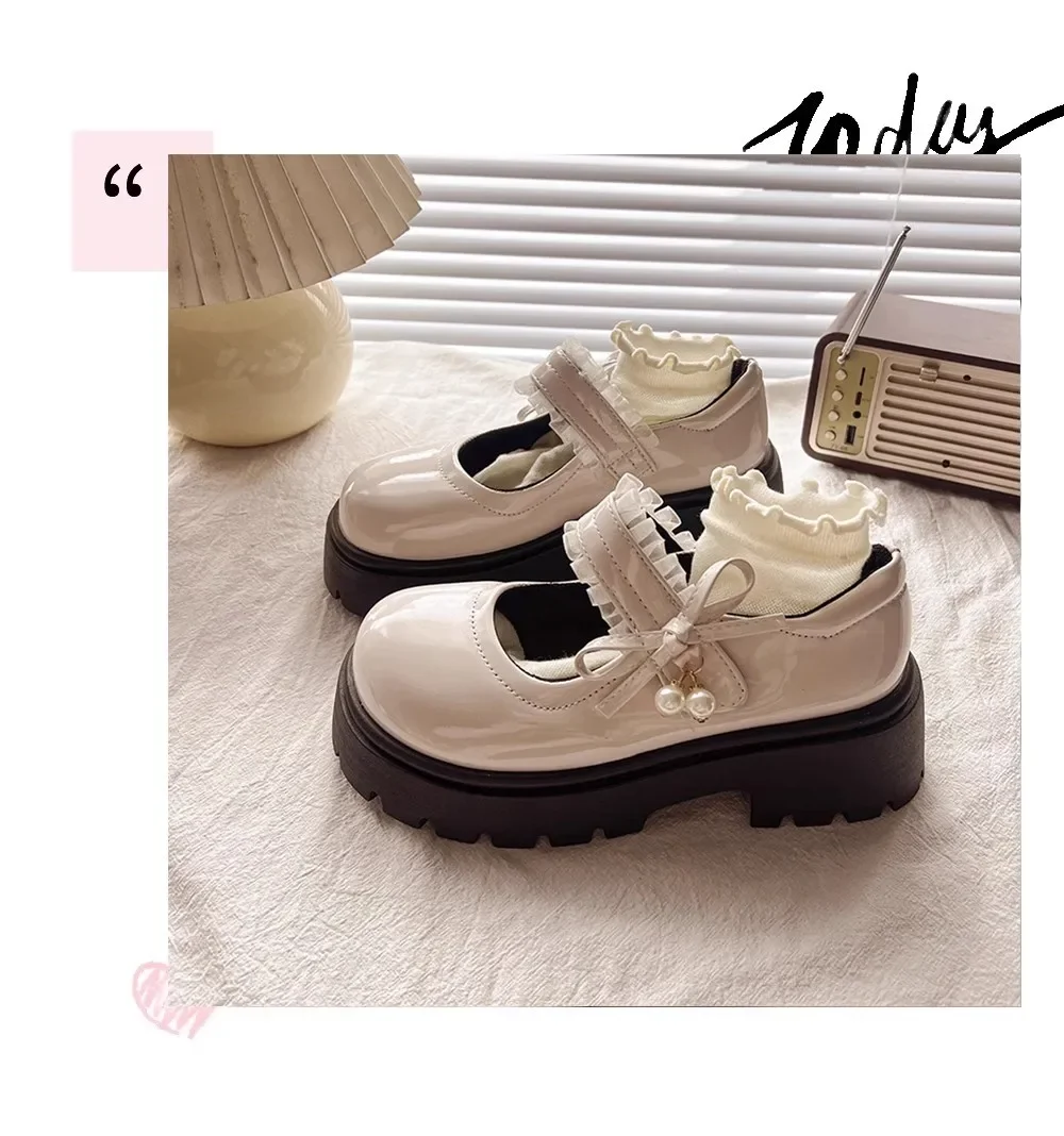 Bright Skin Girls Black School Shoes Princess PU Leather Soft Kids Flats Mary Janes for Wedding Party with Pearl Pendant Sweet