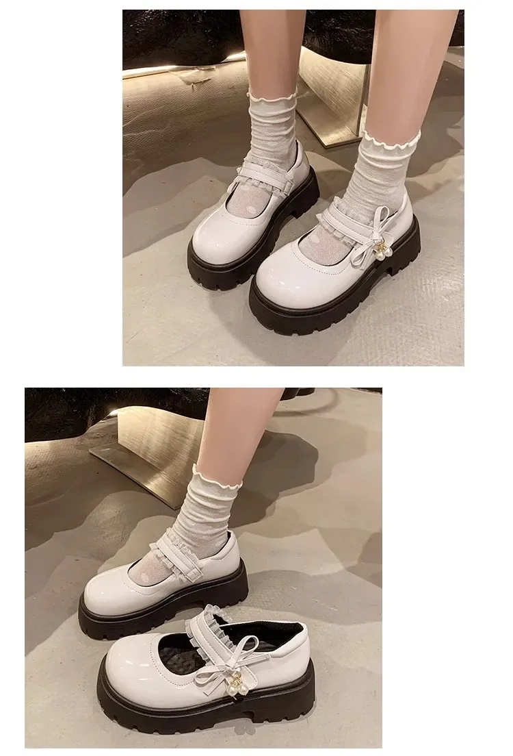 Bright Skin Girls Black School Shoes Princess PU Leather Soft Kids Flats Mary Janes for Wedding Party with Pearl Pendant Sweet