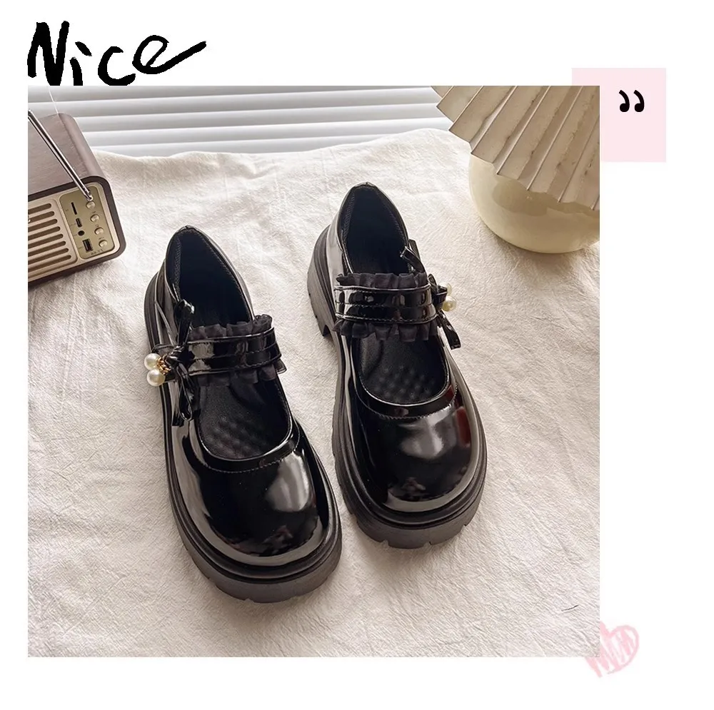 Bright Skin Girls Black School Shoes Princess PU Leather Soft Kids Flats Mary Janes for Wedding Party with Pearl Pendant Sweet