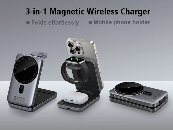 3-in-1 Foldable Magnetic Wireless Charger Station for iPhone 17/16/15/14/13/12 Apple Watch AirPods Wireless Charging Stand