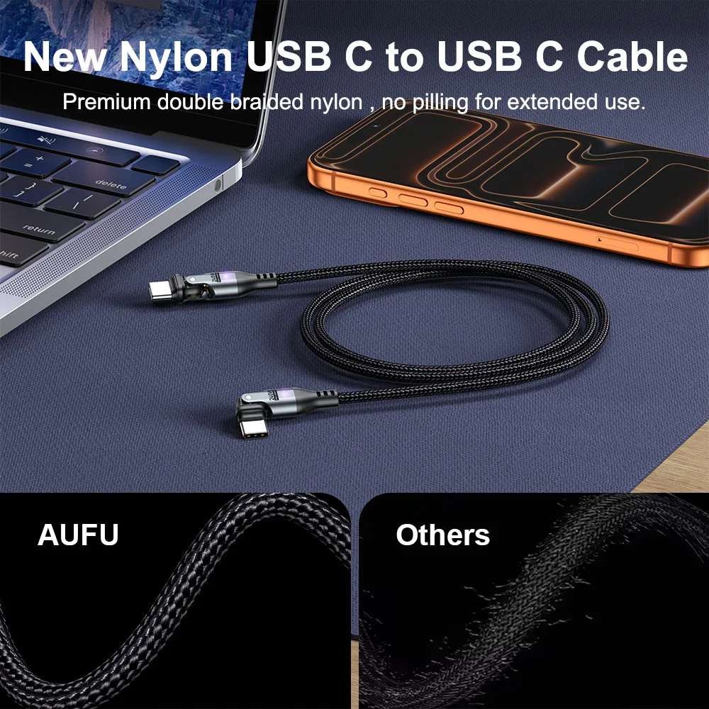 AUFU 240W USB Type C Cable 5A PD3.1 Fast Charging Cord For Samsung Galaxy S23 S24 iphone 1716 Pro Xiaomi 180 Rotate Charge Cable