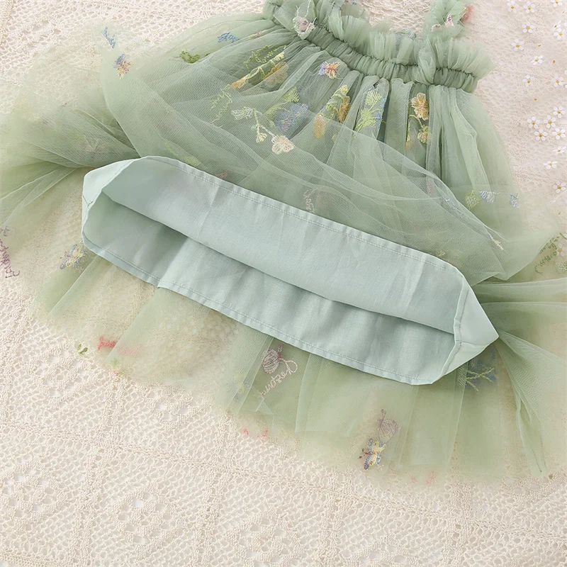 Summer New Princess Style Baby Girl Dress, Sweet Green Floral Chiffon Children'S Clothing (6 Months -5 Years Old)