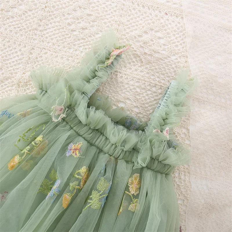 Summer New Princess Style Baby Girl Dress, Sweet Green Floral Chiffon Children'S Clothing (6 Months -5 Years Old)
