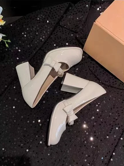 New pink pointed-toe high-heeled shoes Women's 2026 spring sweet and fashionable bow-shaped open-toe thick-soled Mary Jane shoes
