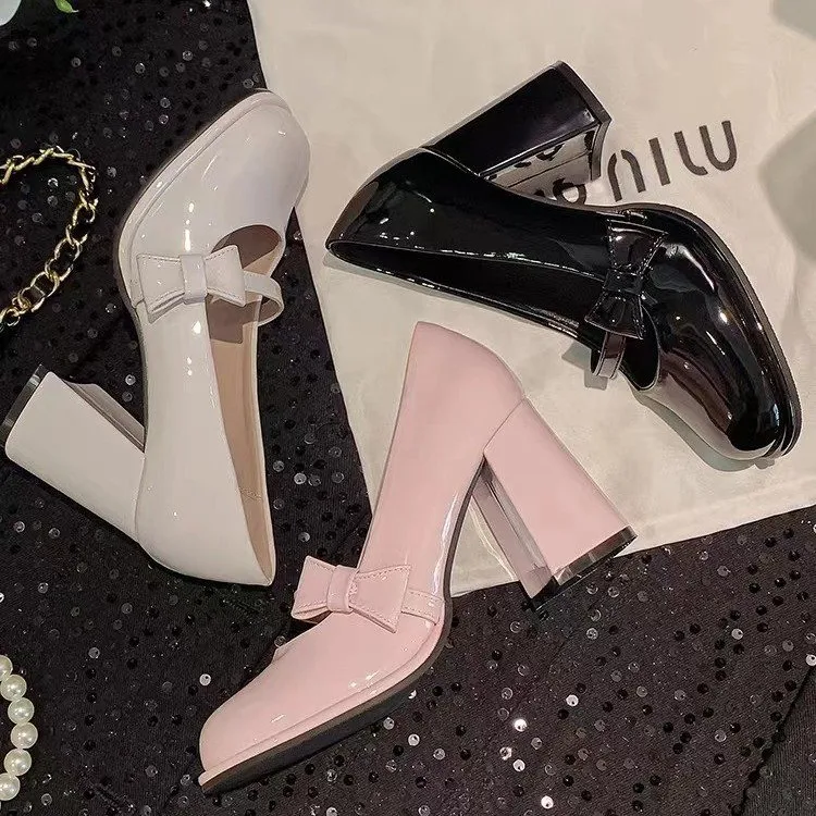 New pink pointed-toe high-heeled shoes Women's 2026 spring sweet and fashionable bow-shaped open-toe thick-soled Mary Jane shoes
