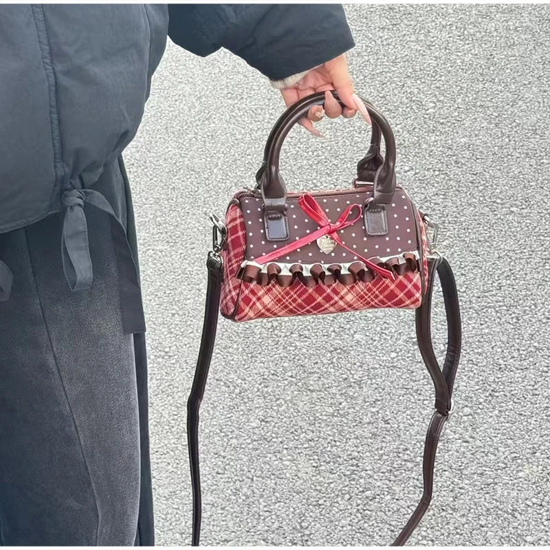 Korean Bow Polka Dot Bag Fashion Bowler Bag Color-blocked Lace Y2k Style Handbag Retro Sweet Plaid Crossbody Zipper Shoulder Bag