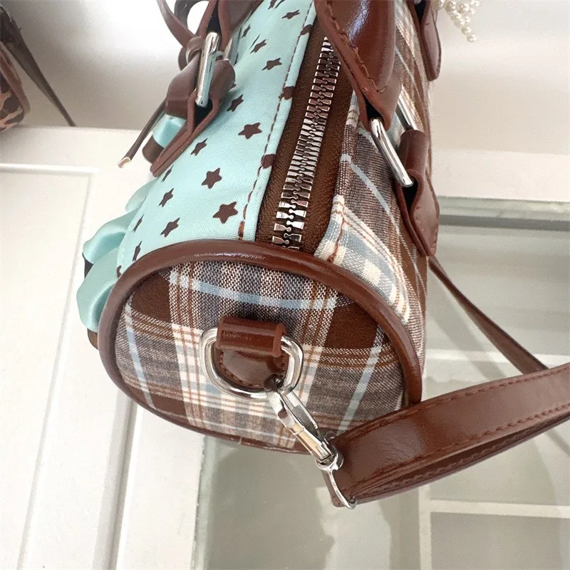 Korean Bow Polka Dot Bag Fashion Bowler Bag Color-blocked Lace Y2k Style Handbag Retro Sweet Plaid Crossbody Zipper Shoulder Bag