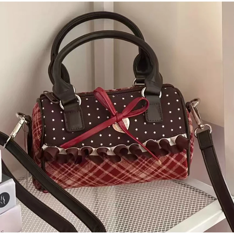 Korean Bow Polka Dot Bag Fashion Bowler Bag Color-blocked Lace Y2k Style Handbag Retro Sweet Plaid Crossbody Zipper Shoulder Bag