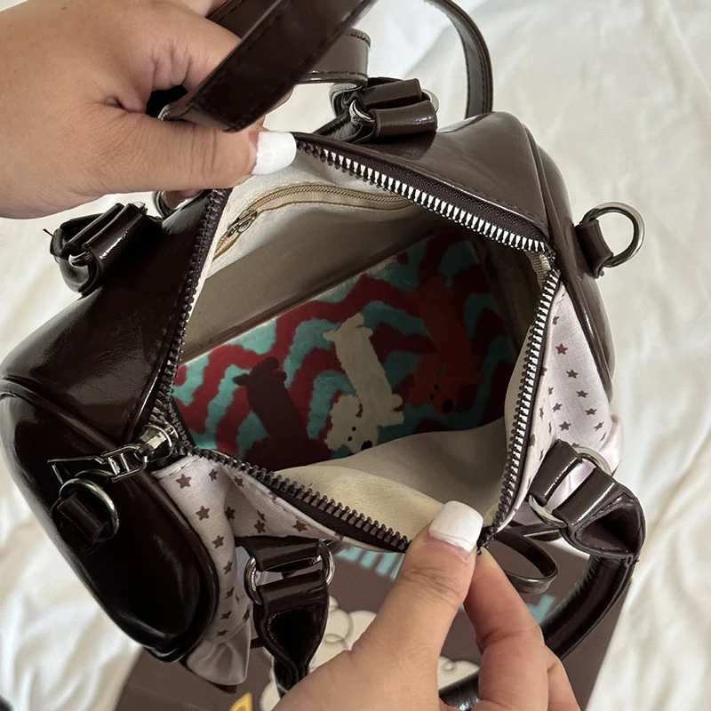 Korean Bow Polka Dot Bag Fashion Bowler Bag Color-blocked Lace Y2k Style Handbag Retro Sweet Plaid Crossbody Zipper Shoulder Bag