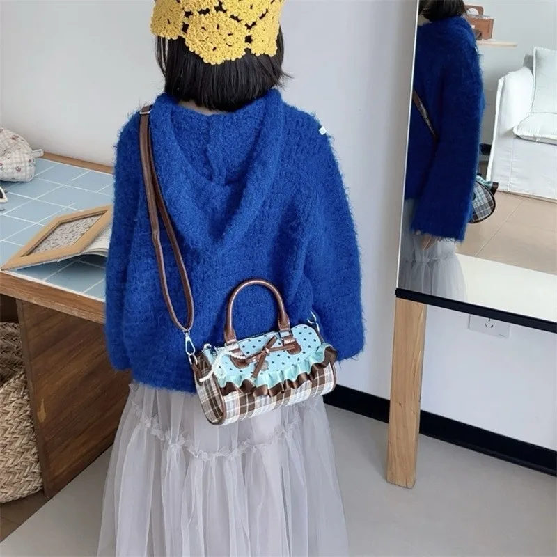 Korean Bow Polka Dot Bag Fashion Bowler Bag Color-blocked Lace Y2k Style Handbag Retro Sweet Plaid Crossbody Zipper Shoulder Bag