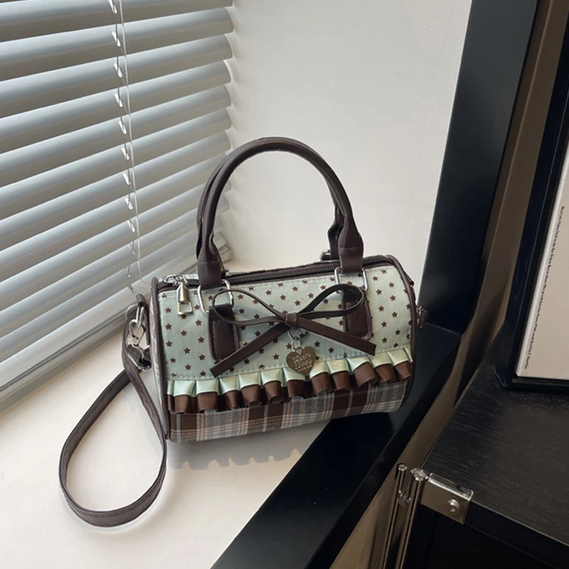 Korean Bow Polka Dot Bag Fashion Bowler Bag Color-blocked Lace Y2k Style Handbag Retro Sweet Plaid Crossbody Zipper Shoulder Bag