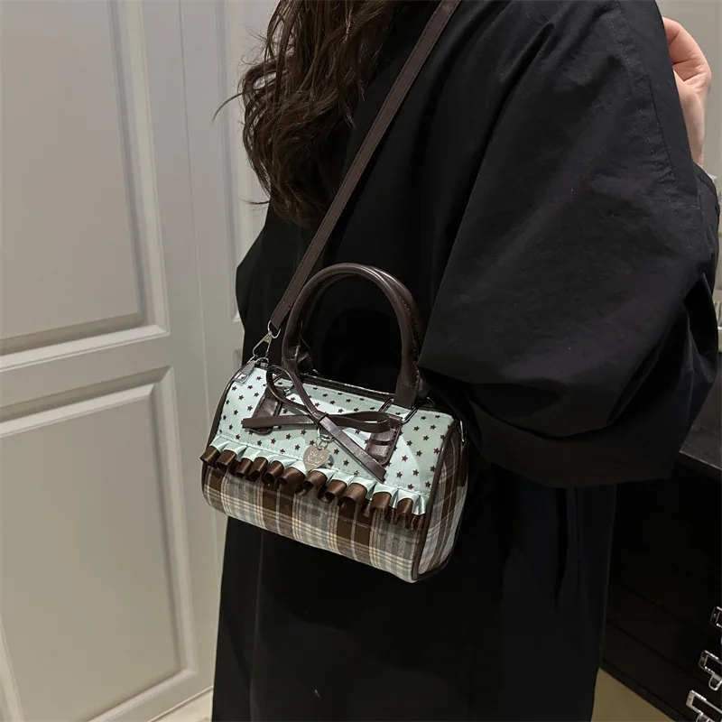 Korean Bow Polka Dot Bag Fashion Bowler Bag Color-blocked Lace Y2k Style Handbag Retro Sweet Plaid Crossbody Zipper Shoulder Bag