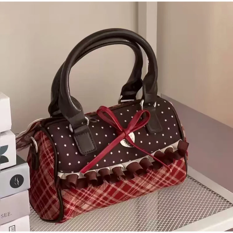 Korean Bow Polka Dot Bag Fashion Bowler Bag Color-blocked Lace Y2k Style Handbag Retro Sweet Plaid Crossbody Zipper Shoulder Bag