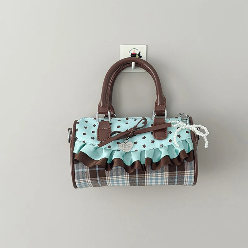 Korean Bow Polka Dot Bag Fashion Bowler Bag Color-blocked Lace Y2k Style Handbag Retro Sweet Plaid Crossbody Zipper Shoulder Bag