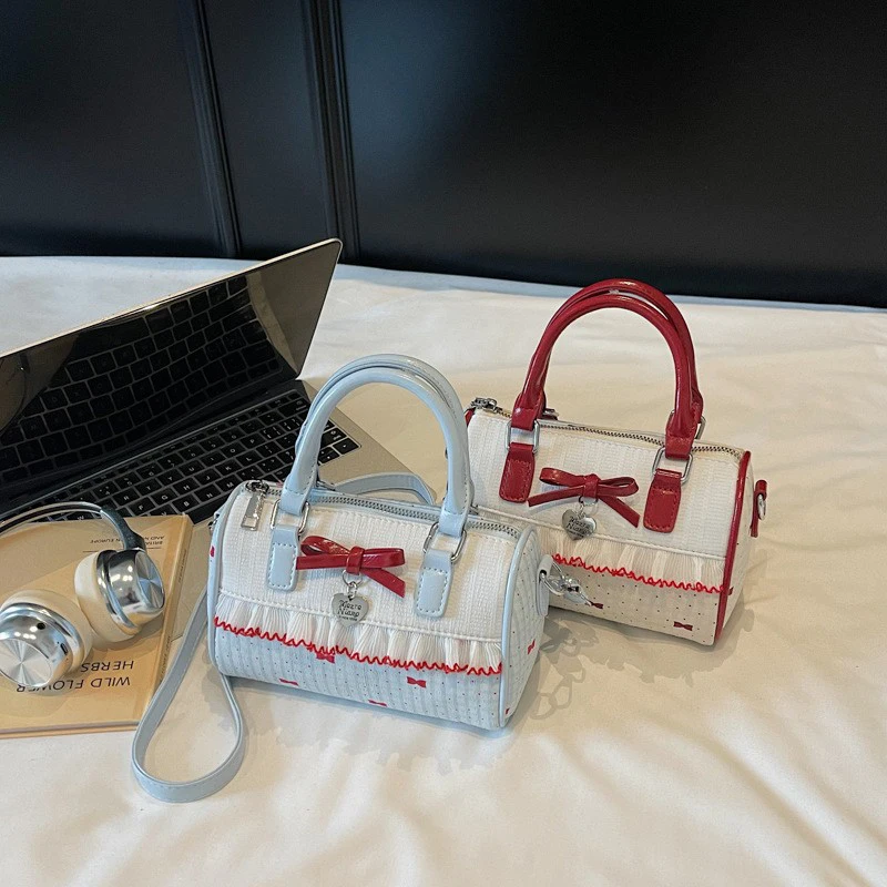 Korean Bow Polka Dot Bag Fashion Bowler Bag Color-blocked Lace Y2k Style Handbag Retro Sweet Plaid Crossbody Zipper Shoulder Bag