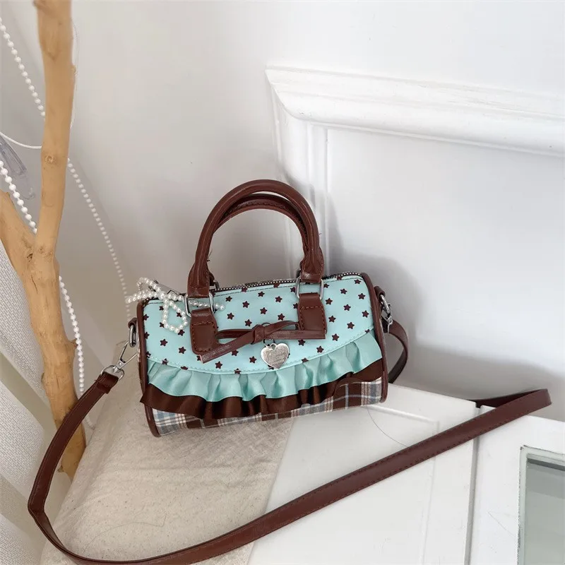 Korean Bow Polka Dot Bag Fashion Bowler Bag Color-blocked Lace Y2k Style Handbag Retro Sweet Plaid Crossbody Zipper Shoulder Bag