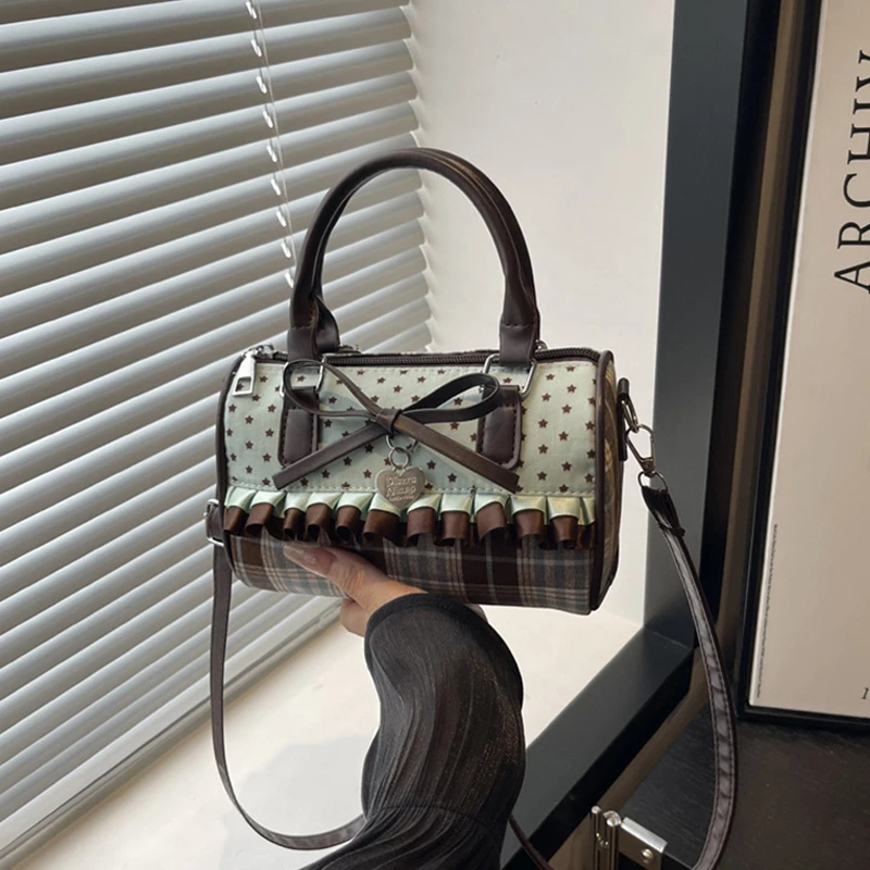 Korean Bow Polka Dot Bag Fashion Bowler Bag Color-blocked Lace Y2k Style Handbag Retro Sweet Plaid Crossbody Zipper Shoulder Bag