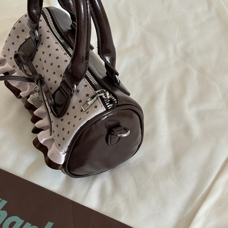 Korean Bow Polka Dot Bag Fashion Bowler Bag Color-blocked Lace Y2k Style Handbag Retro Sweet Plaid Crossbody Zipper Shoulder Bag