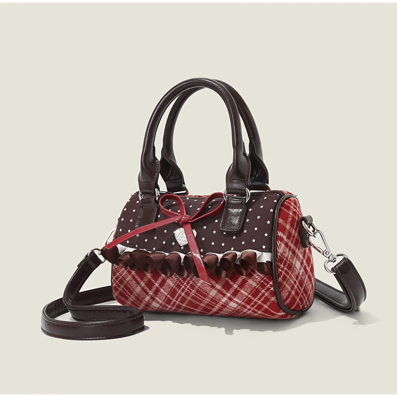 Korean Bow Polka Dot Bag Fashion Bowler Bag Color-blocked Lace Y2k Style Handbag Retro Sweet Plaid Crossbody Zipper Shoulder Bag