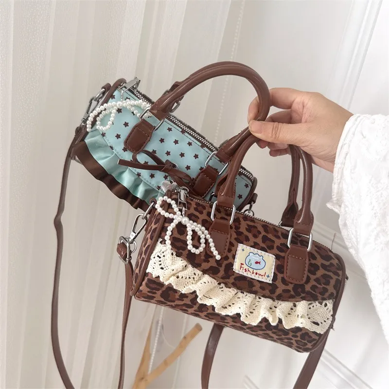 Korean Bow Polka Dot Bag Fashion Bowler Bag Color-blocked Lace Y2k Style Handbag Retro Sweet Plaid Crossbody Zipper Shoulder Bag