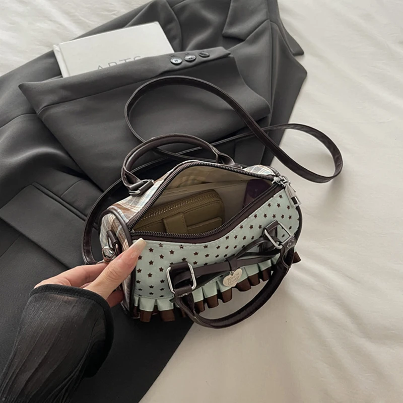 Korean Bow Polka Dot Bag Fashion Bowler Bag Color-blocked Lace Y2k Style Handbag Retro Sweet Plaid Crossbody Zipper Shoulder Bag