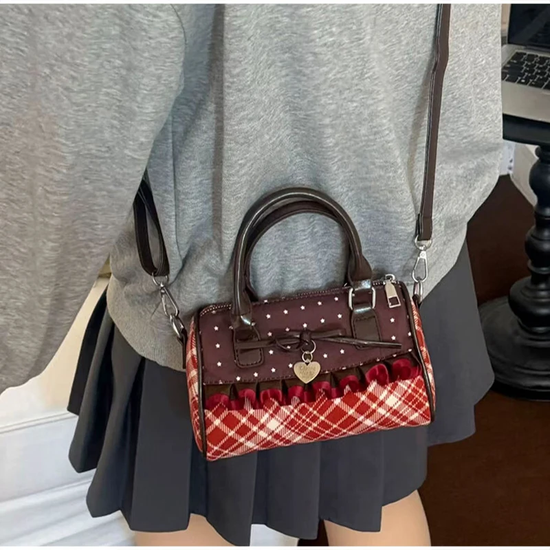 Korean Bow Polka Dot Bag Fashion Bowler Bag Color-blocked Lace Y2k Style Handbag Retro Sweet Plaid Crossbody Zipper Shoulder Bag