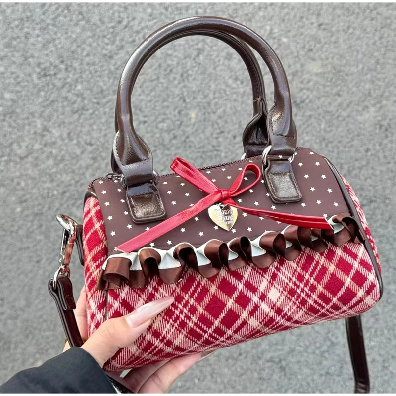 Korean Bow Polka Dot Bag Fashion Bowler Bag Color-blocked Lace Y2k Style Handbag Retro Sweet Plaid Crossbody Zipper Shoulder Bag