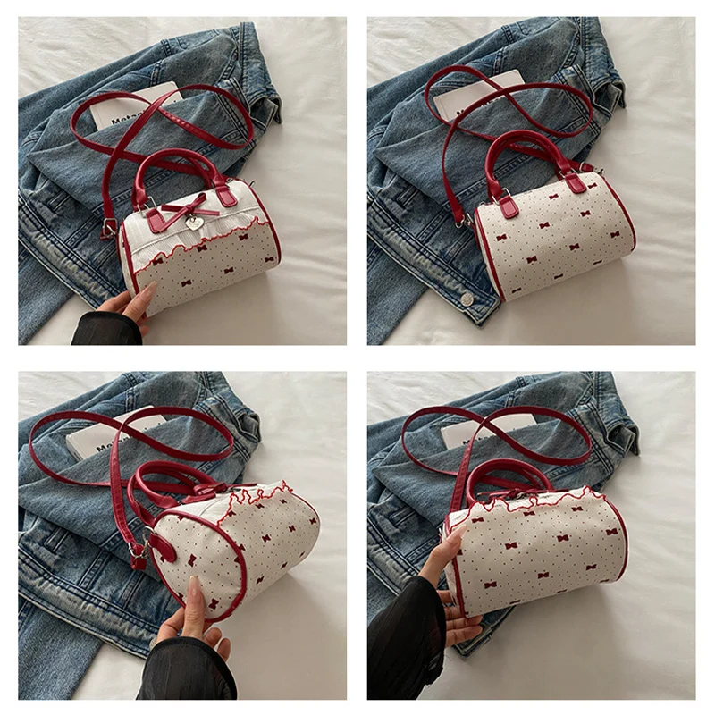 Korean Bow Polka Dot Bag Fashion Bowler Bag Color-blocked Lace Y2k Style Handbag Retro Sweet Plaid Crossbody Zipper Shoulder Bag