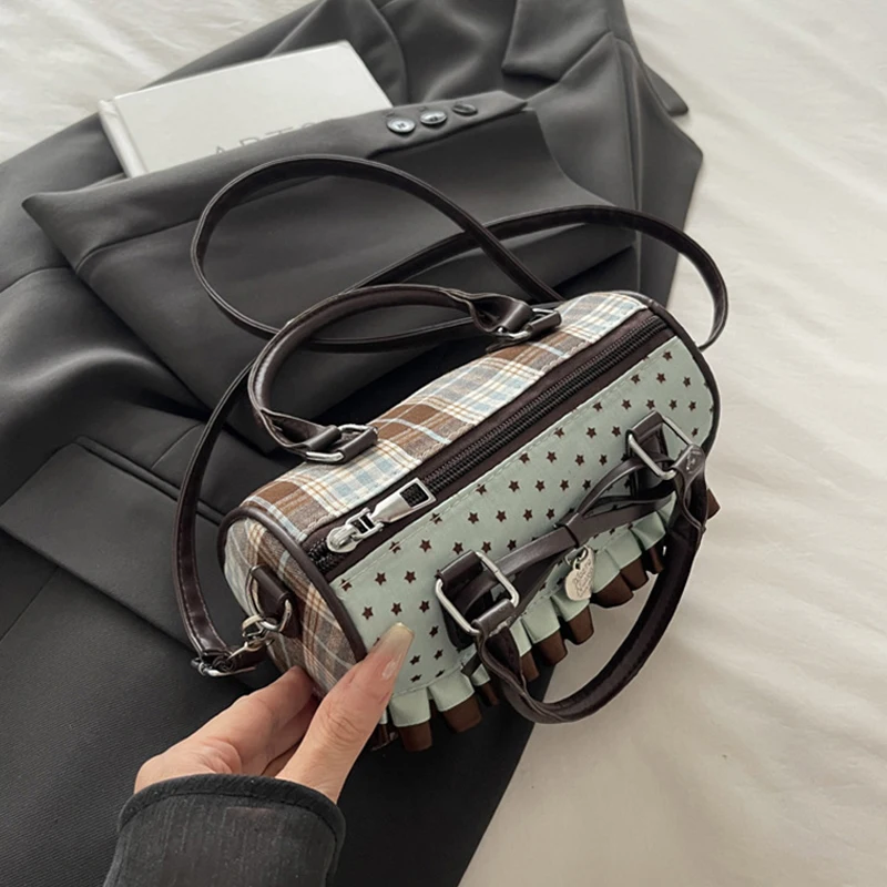 Korean Bow Polka Dot Bag Fashion Bowler Bag Color-blocked Lace Y2k Style Handbag Retro Sweet Plaid Crossbody Zipper Shoulder Bag