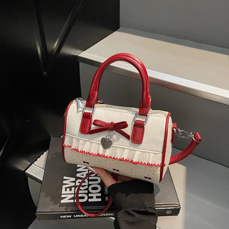 Korean Bow Polka Dot Bag Fashion Bowler Bag Color-blocked Lace Y2k Style Handbag Retro Sweet Plaid Crossbody Zipper Shoulder Bag
