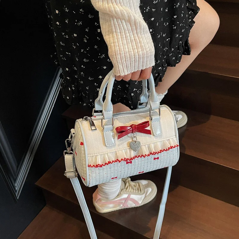 Korean Bow Polka Dot Bag Fashion Bowler Bag Color-blocked Lace Y2k Style Handbag Retro Sweet Plaid Crossbody Zipper Shoulder Bag