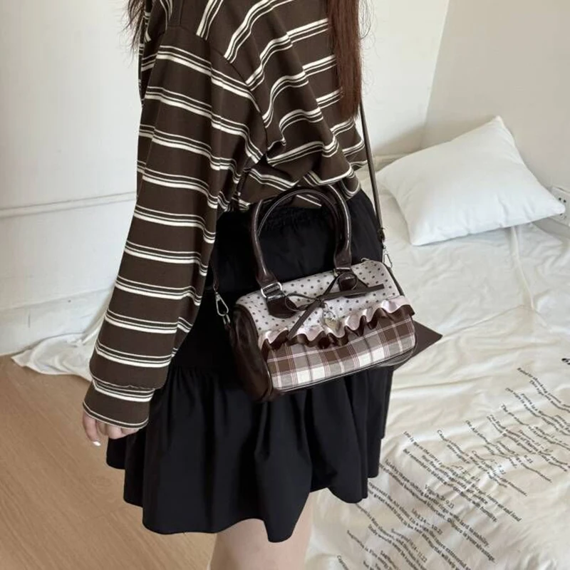 Korean Bow Polka Dot Bag Fashion Bowler Bag Color-blocked Lace Y2k Style Handbag Retro Sweet Plaid Crossbody Zipper Shoulder Bag