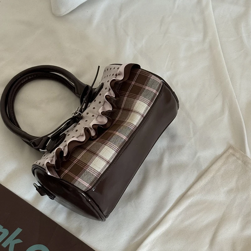 Korean Bow Polka Dot Bag Fashion Bowler Bag Color-blocked Lace Y2k Style Handbag Retro Sweet Plaid Crossbody Zipper Shoulder Bag