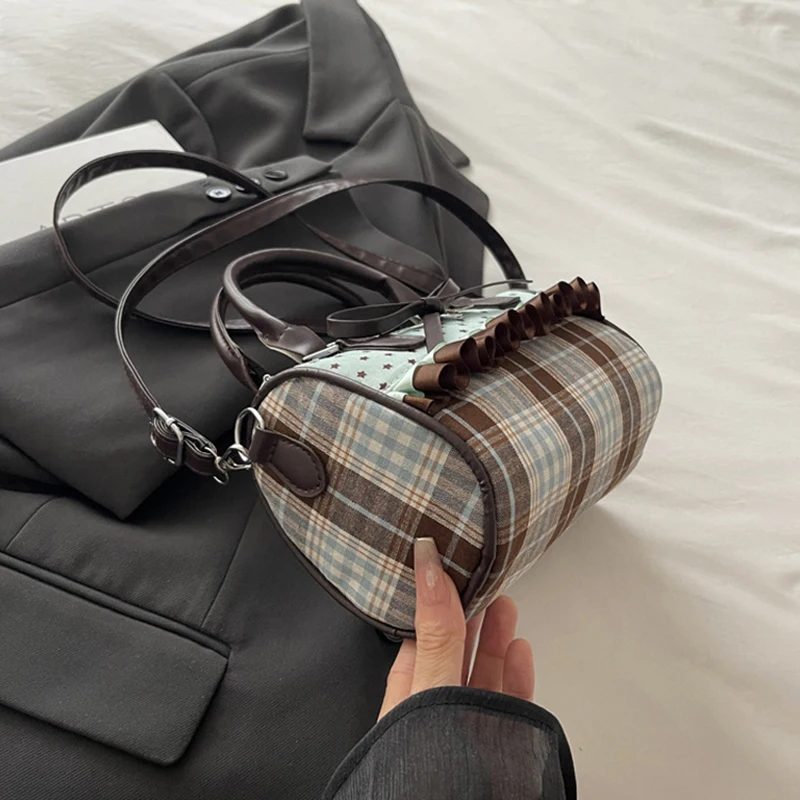 Korean Bow Polka Dot Bag Fashion Bowler Bag Color-blocked Lace Y2k Style Handbag Retro Sweet Plaid Crossbody Zipper Shoulder Bag